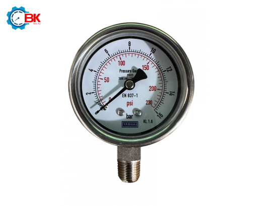 Đồng hồ áp suất Yamaki D63mm 0-16bar Inox316SS toàn bộ chân đứng ren 1/4"NPT