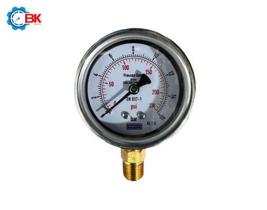 Đồng hồ áp suất Yamaki D63mm 0-16bar vỏ inox chân đồng ren 1/4"NPT