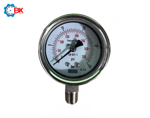 Đồng hồ áp suất Yamaki D63mm 0-25bar Inox316SS toàn bộ chân đứng ren 1/4"NPT