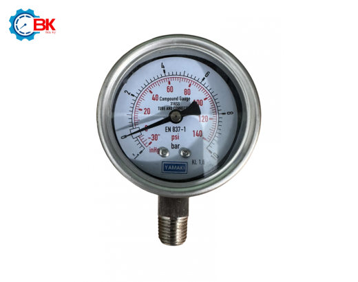 Đồng hồ áp suất Yamaki D63mm -1+10bar Inox316SS toàn bộ chân đứng ren 1/4"NPT