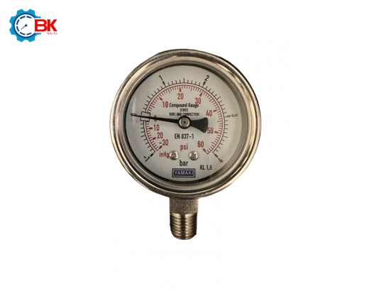 Đồng hồ áp suất Yamaki D63mm -1+4bar Inox316SS toàn bộ chân đứng ren 1/4"NPT