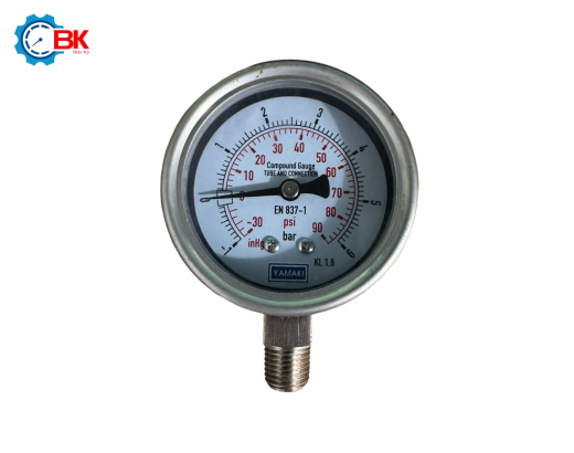 Đồng hồ áp suất Yamaki D63mm -1+6bar Inox316SS toàn bộ chân đứng ren 1/4"NPT