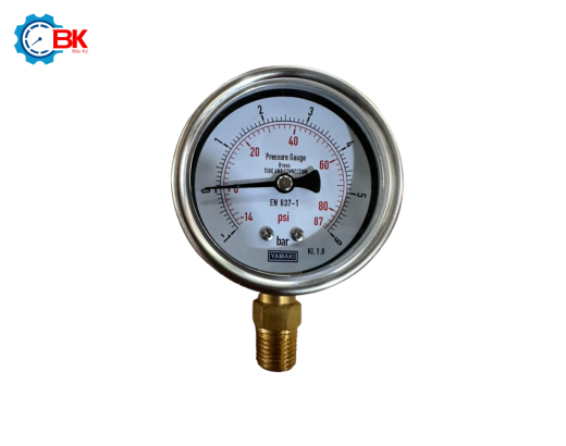 Đồng hồ áp suất Yamaki D63mm -1+6bar vỏ inox chân đồng ren 1/4"NPT