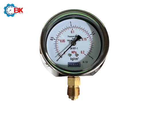 Đồng hồ áp suất Yamaki D75mm 0-2kg vỏ inox chân đồng chân đứng 3/8″BSP