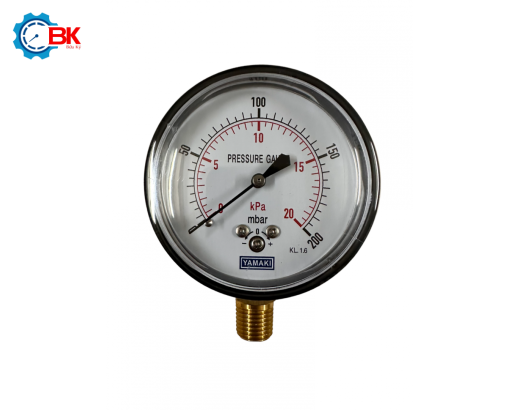 Đồng hồ áp suất thấp Yamaki D63mm 0-200mbar vỏ thép ren đồng 1/4"NPT