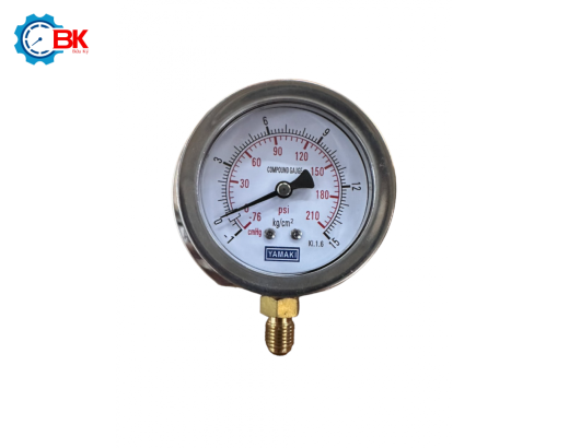 Đồng hồ áp suất NH3 Yamaki D63mm -1+15kg/cm2 chân đứng ren 7/16"UNF